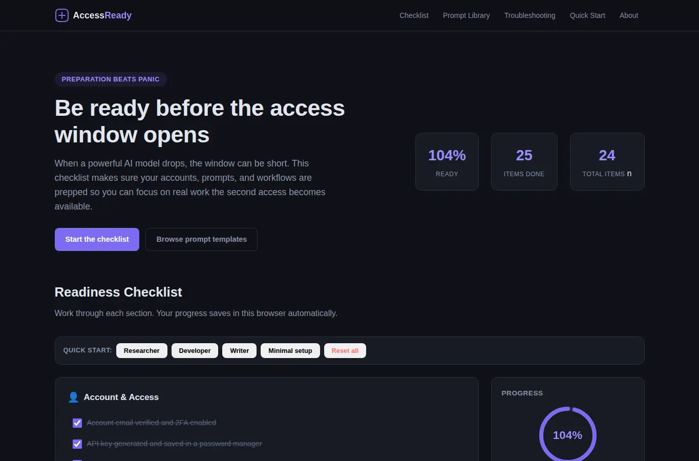 Screenshot of AI Model Access Readiness Checklist interface showing the project page in use